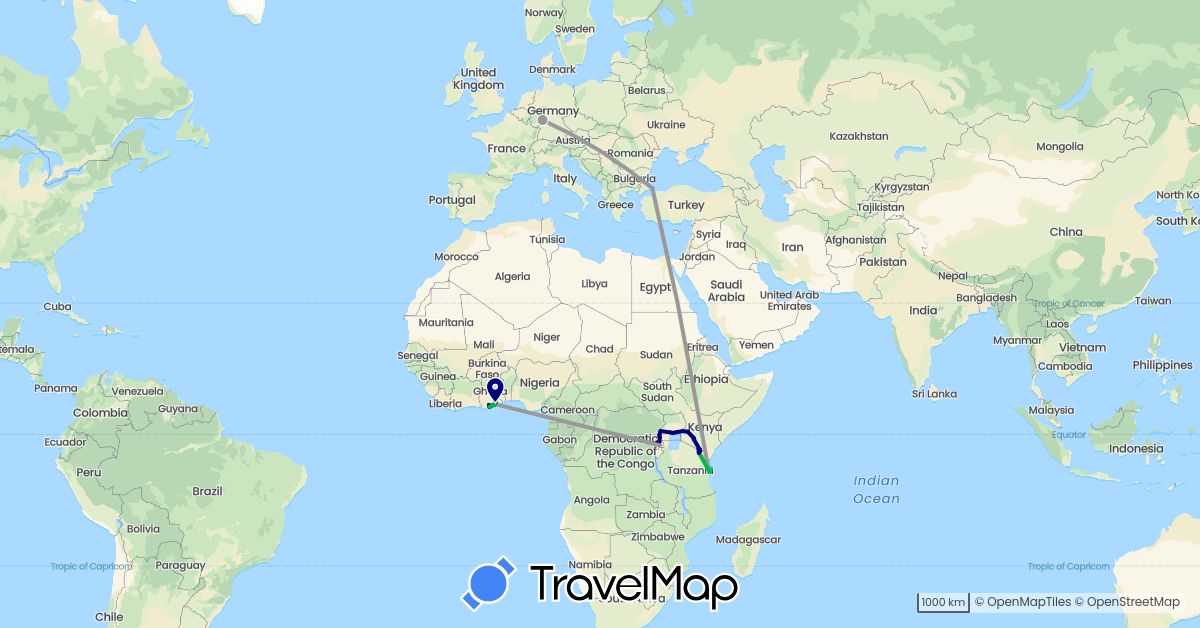 TravelMap itinerary: driving, bus, plane, hiking, boat in Germany, Ghana, Kenya, Rwanda, Turkey, Tanzania, Uganda (Africa, Asia, Europe)